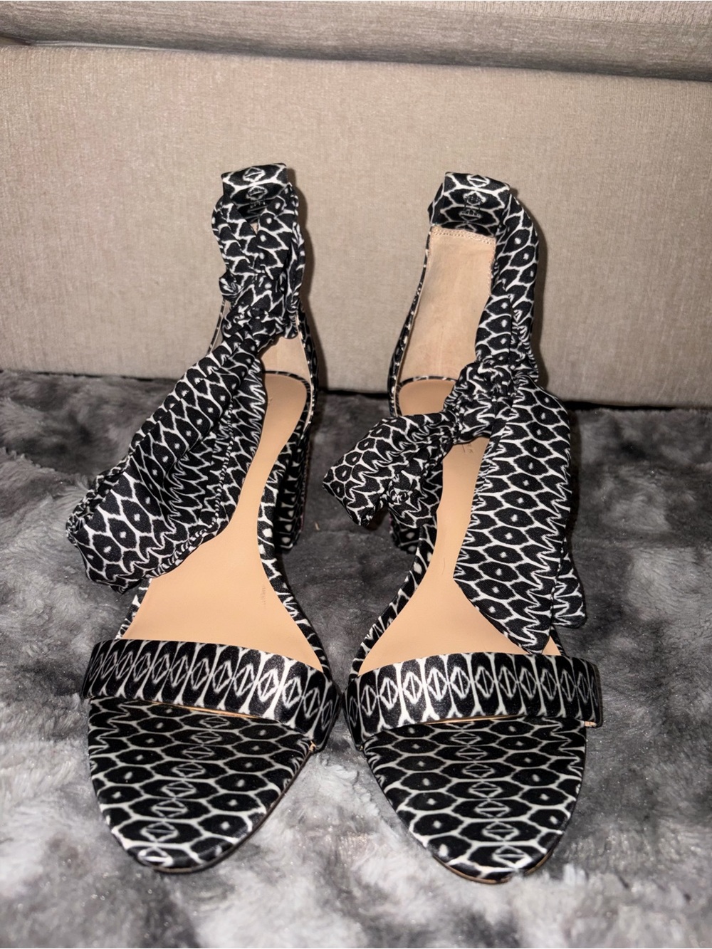 Macys Trina Turk x INC Black and White Patterned Ankle Tie Heeled Sandals